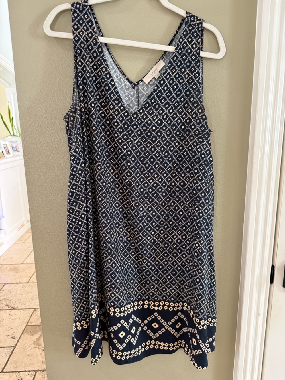 LOFT Navy and White Printed V-Neck Sleeveless Midi Dress
